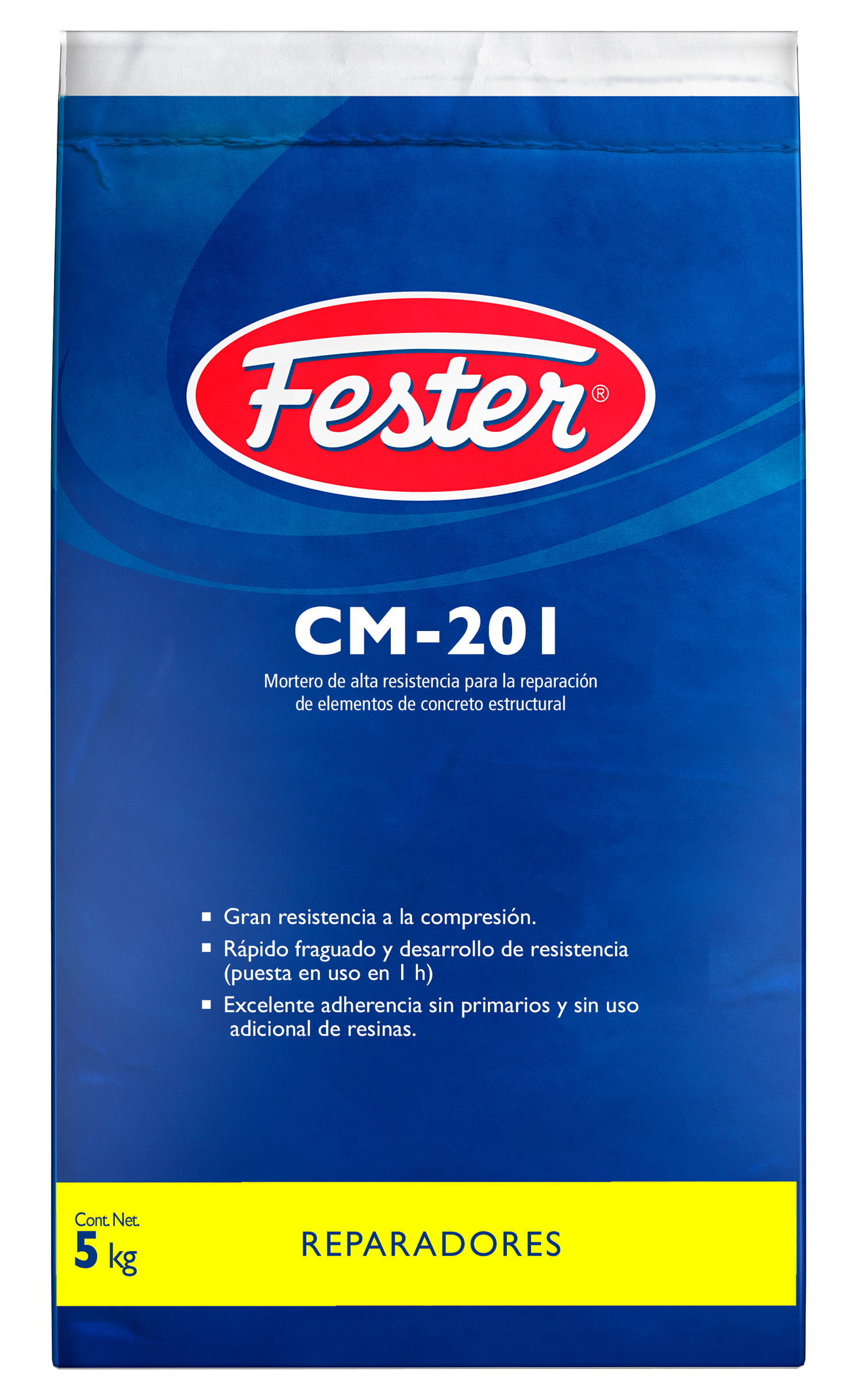 Envase de Fester CM201 mortero reparador. Aplicación de Fester CM201 en superficie de concreto. Superficie reparada con Fester CM201. Detalle del mortero reparador Fester CM201. Restauración de concreto con Fester CM201.