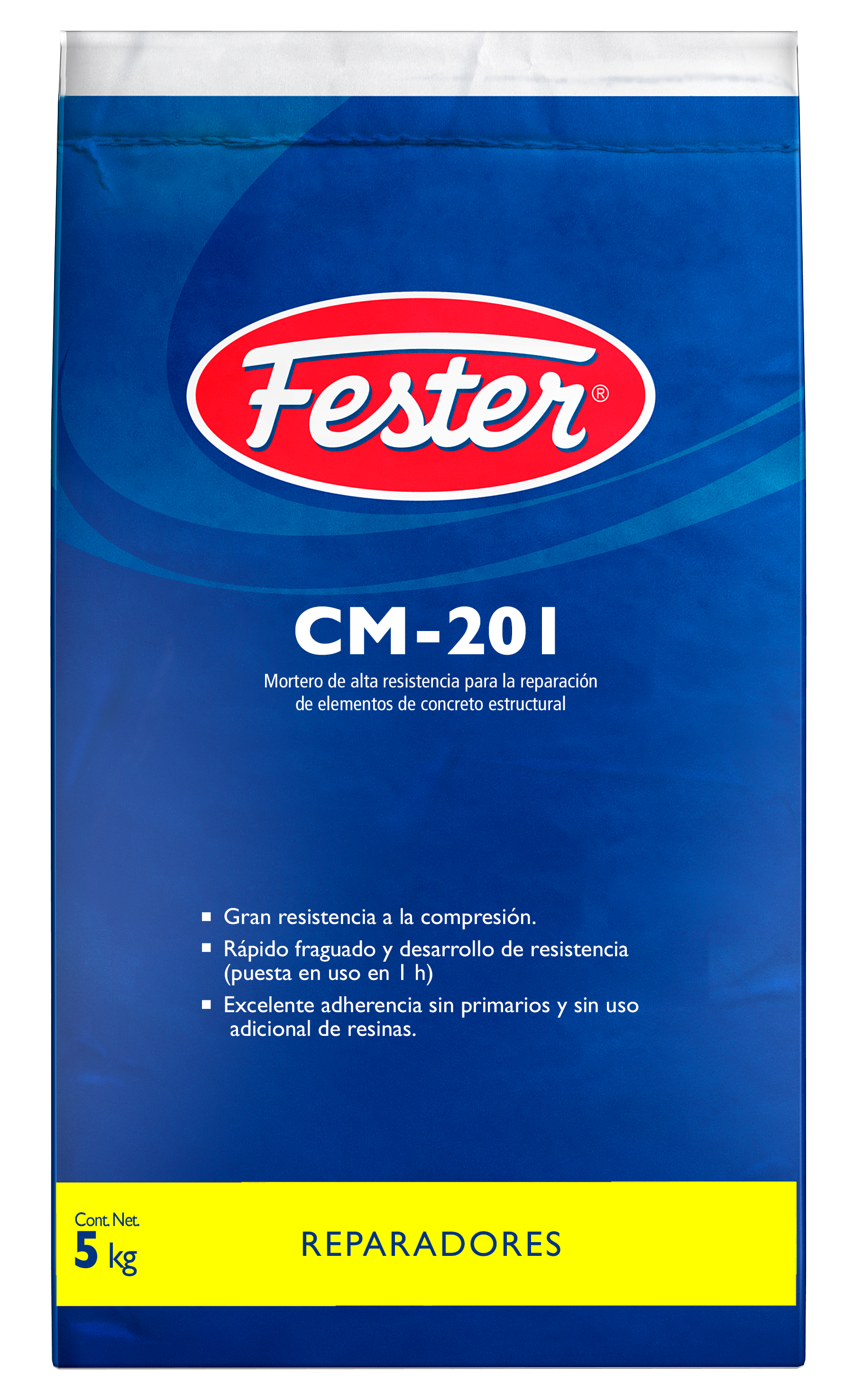 Envase de Fester CM201 mortero reparador. Aplicación de Fester CM201 en superficie de concreto. Superficie reparada con Fester CM201. Detalle del mortero reparador Fester CM201. Restauración de concreto con Fester CM201.