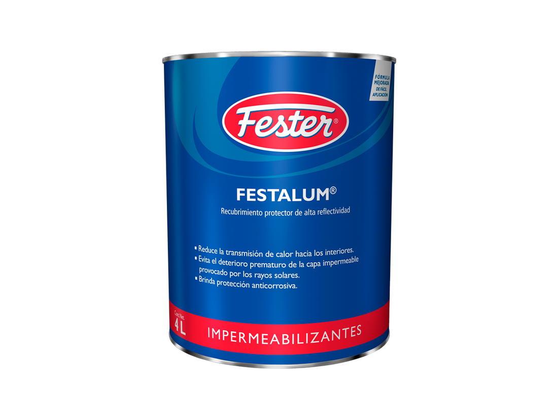 Envase de Festalum impermeabilizante reflectivo. Aplicación de Festalum en techo. Superficie protegida con Festalum. Detalle del impermeabilizante reflectivo Festalum. Protección de techos y terrazas con Festalum.