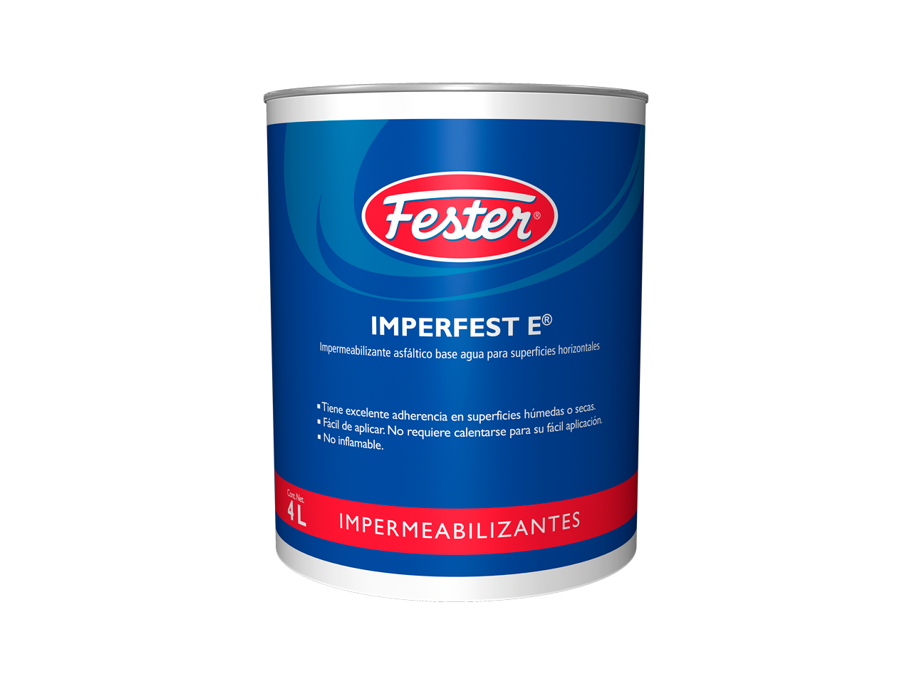 Envase de Fester Imperfest-E impermeabilizante acrílico elastomérico. Aplicación de Fester Imperfest-E en techo. Superficie protegida con Fester Imperfest-E. Detalle del impermeabilizante acrílico elastomérico Fester Imperfest-E. Protección de techos y terrazas con Fester Imperfest-E.