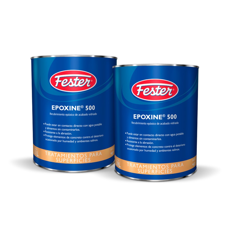 Envase de Fester Epoxine 500 recubrimiento impermeabilizante epóxico. Aplicación de Fester Epoxine 500 en superficie de concreto. Superficie protegida con Fester Epoxine 500. Detalle del recubrimiento impermeabilizante epóxico Fester Epoxine 500. Protección de concreto y metal con Fester Epoxine 500.