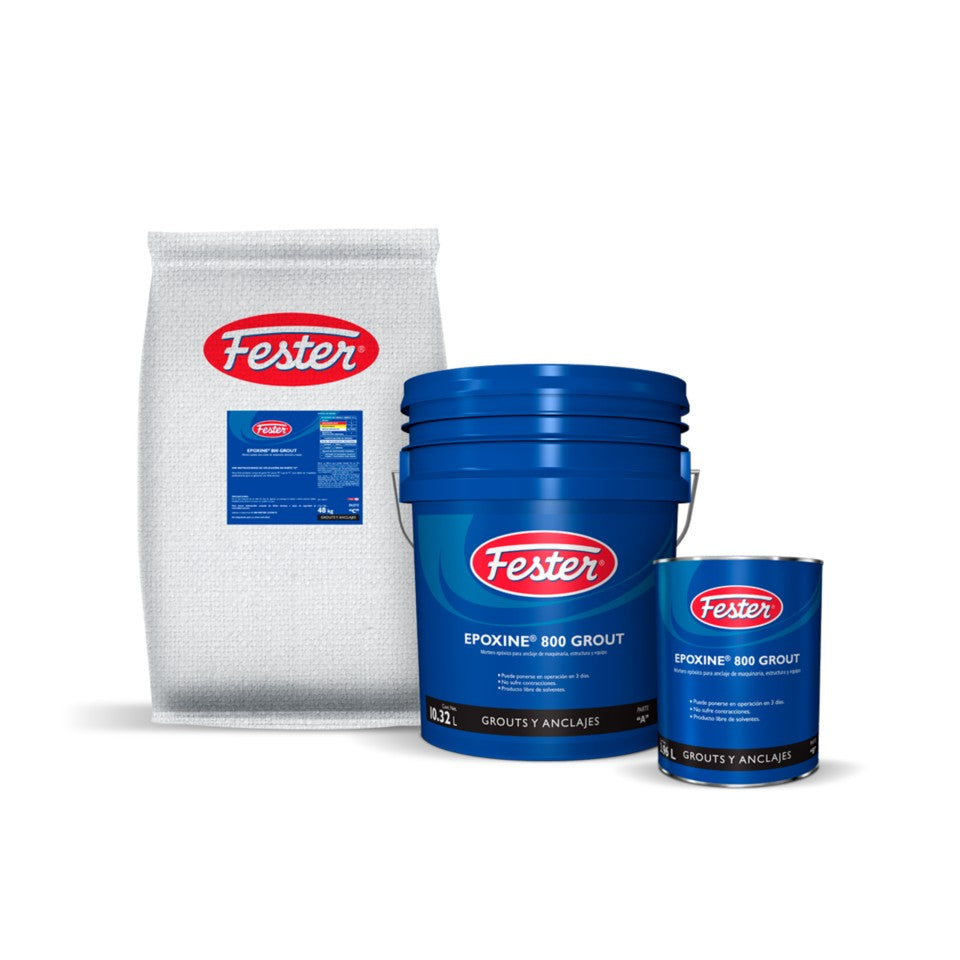 Envase de Fester Epoxine 800 grout epóxico de alta resistencia. Aplicación de Fester Epoxine 800 en anclaje de concreto. Superficie reforzada con Fester Epoxine 800. Detalle del grout epóxico Fester Epoxine 800. Anclaje y refuerzo de concreto con Fester Epoxine 800.